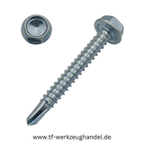 Selbstbohrende Blechschraube DIN 7504 K mit verzinktem Sechskantkopf und angepresster Scheibe. Nahaufnahme einer Bohrschraube mit Bohrspitze.
