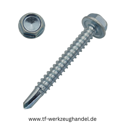 Selbstbohrende Blechschraube DIN 7504 K mit verzinktem Sechskantkopf und angepresster Scheibe. Nahaufnahme einer Bohrschraube mit Bohrspitze.
