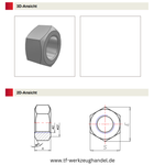 Technische Zeichnung und 3D-Ansicht einer DIN 934 Sechskantmutter mit Maßangaben (M, S, E, D). Konstruktionszeichnung für Sechskantmuttern mit metrischem ISO-Gewinde